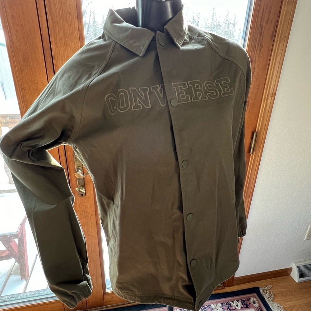 CONVERSE Mens Bomber Jacket Medium Khaki Olive Green NEW Snap‎ Closure windproof